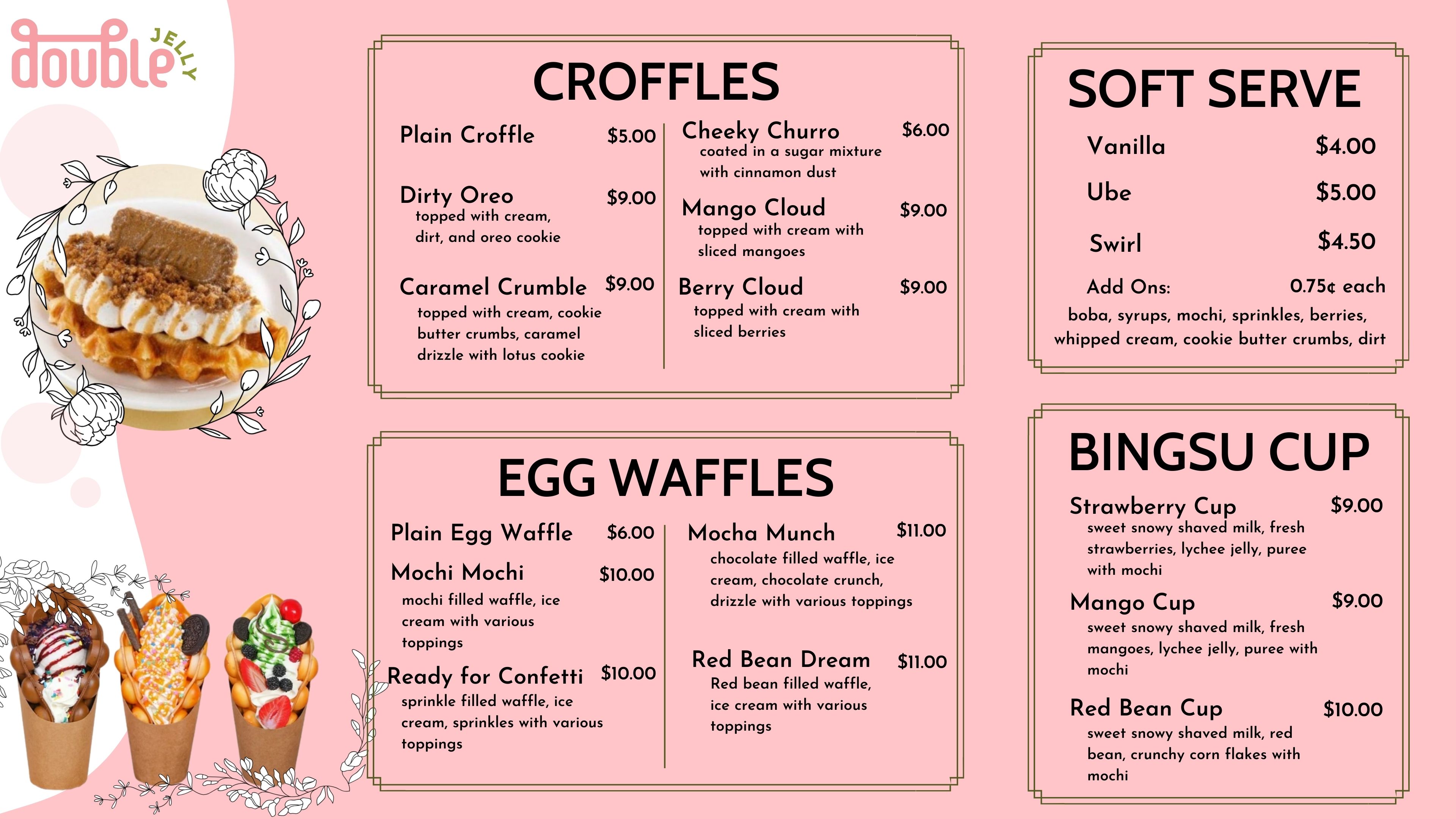 Double Jelly desserts menu — croffles, egg waffles, soft serve, bingsu cup